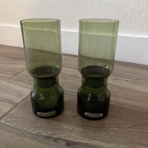 Pair Vintage‎ Dansk 7.25" Green Glass Votive Candle Holder Hurricane Belgium IHO